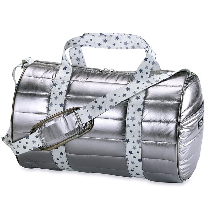 metallic silver duffle bag